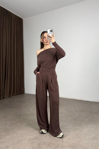 Kayık Yaka Modal Kahve Bluz Pantolon Takım