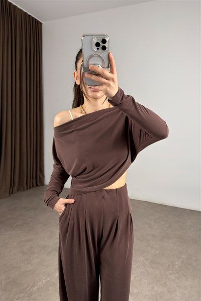 Kayık Yaka Modal Kahve Bluz Pantolon Takım