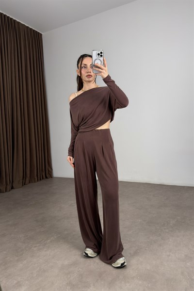 Kayık Yaka Modal Kahve Bluz Pantolon Takım