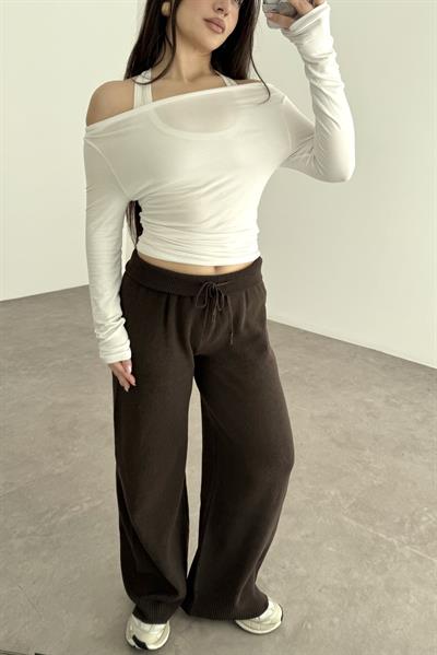 Kayık Yakalı Drapeli Opak Basic Beyaz Body