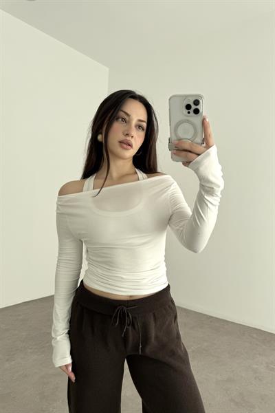 Kayık Yakalı Drapeli Opak Basic Beyaz Body