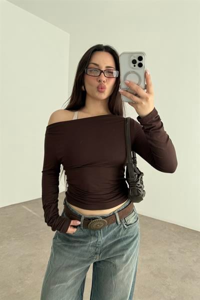 Kayık Yakalı Drapeli Opak Basic Kahve Body