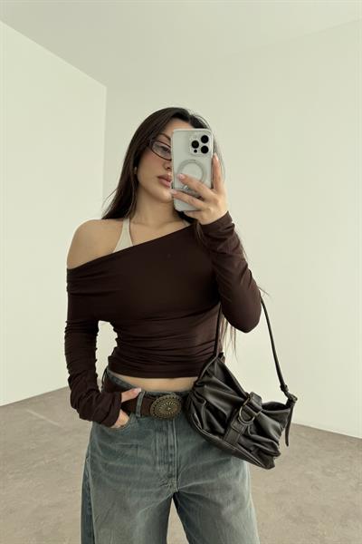 Kayık Yakalı Drapeli Opak Basic Kahve Body