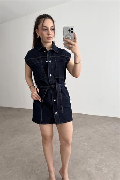 Kemer Detaylı Düğmeli Denim Elbise