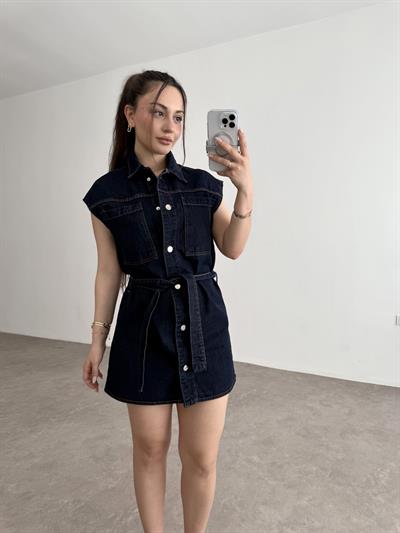 Kemer Detaylı Düğmeli Denim Elbise