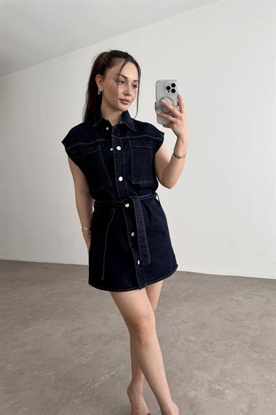 Kemer Detaylı Düğmeli Denim Elbise