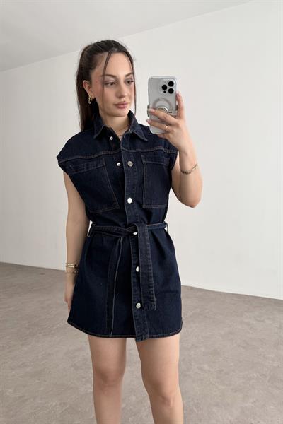 Kemer Detaylı Düğmeli Denim Elbise