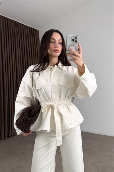 Kemer Detaylı Ekru Denim Takım