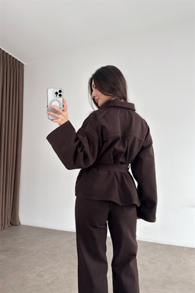 Kemer Detaylı Kahve Denim Takım