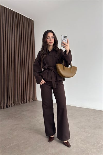 Kemer Detaylı Kahve Denim Takım