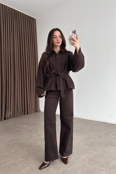 Kemer Detaylı Kahve Denim Takım