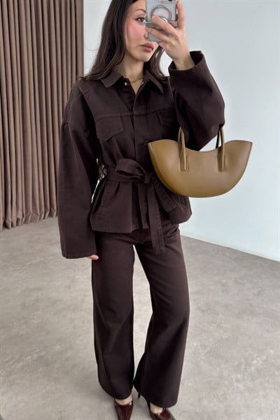 Kemer Detaylı Kahve Denim Takım