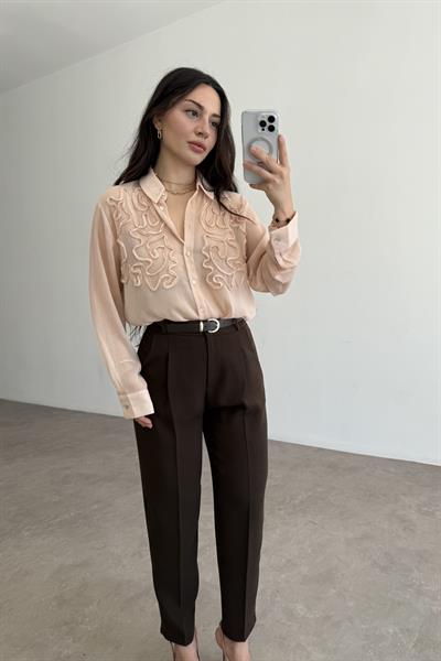 Kemer Detaylı Krep Havuç Pantolon Kahve