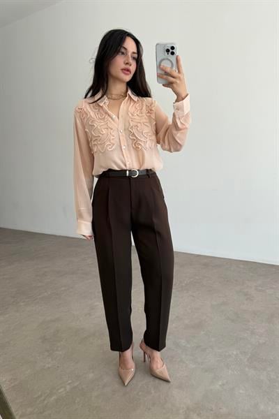 Kemer Detaylı Krep Havuç Pantolon Kahve