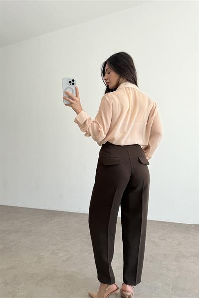 Kemer Detaylı Krep Havuç Pantolon Kahve