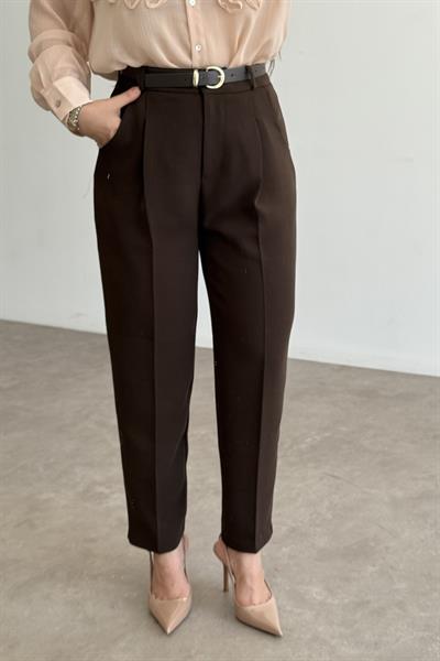 Kemer Detaylı Krep Havuç Pantolon Kahve