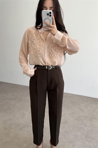 Kemer Detaylı Krep Havuç Pantolon Kahve