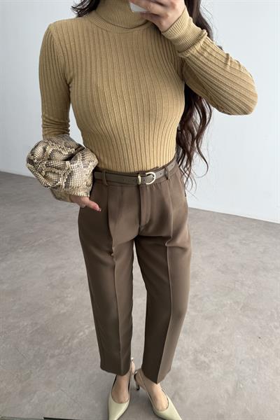 Kemer Detaylı Krep Havuç Pantolon Mocha