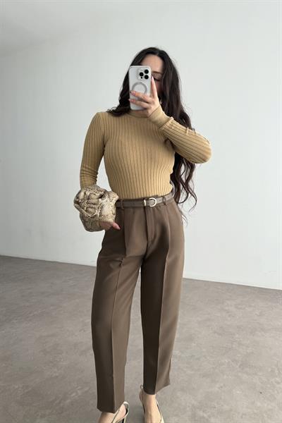 Kemer Detaylı Krep Havuç Pantolon Mocha