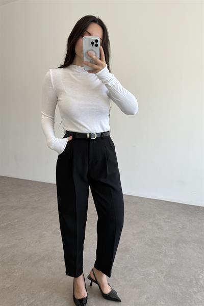 Kemer Detaylı Krep Havuç Pantolon Siyah