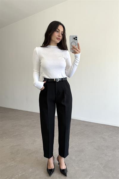 Kemer Detaylı Krep Havuç Pantolon Siyah