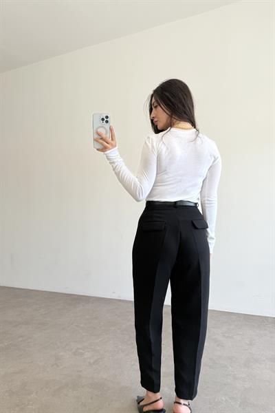 Kemer Detaylı Krep Havuç Pantolon Siyah