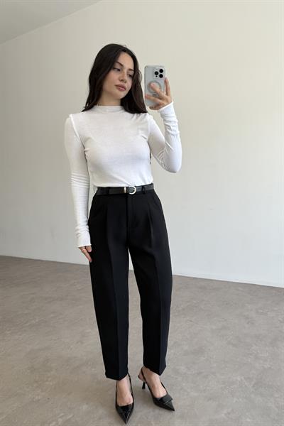 Kemer Detaylı Krep Havuç Pantolon Siyah