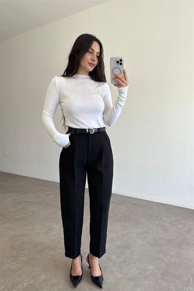 Kemer Detaylı Krep Havuç Pantolon Siyah