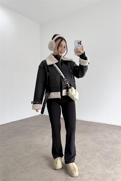 Kemer Detaylı Siyah Teddy Deri Mont