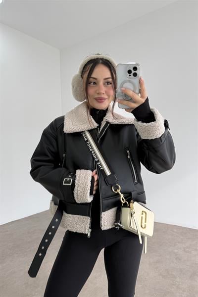 Kemer Detaylı Siyah Teddy Deri Mont