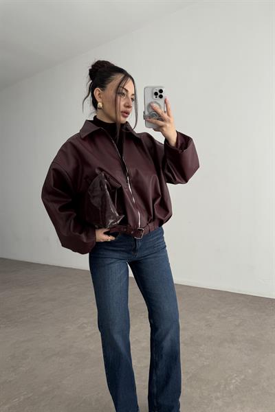 Kemer Detaylı Yakalı Bomber Bordo Deri Ceket