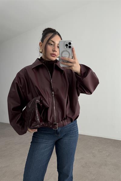 Kemer Detaylı Yakalı Bomber Bordo Deri Ceket