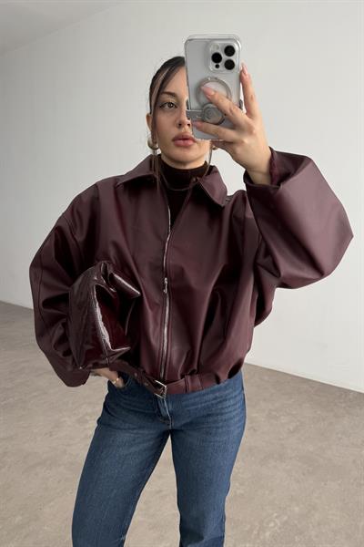 Kemer Detaylı Yakalı Bomber Bordo Deri Ceket