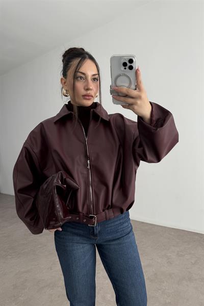 Kemer Detaylı Yakalı Bomber Bordo Deri Ceket