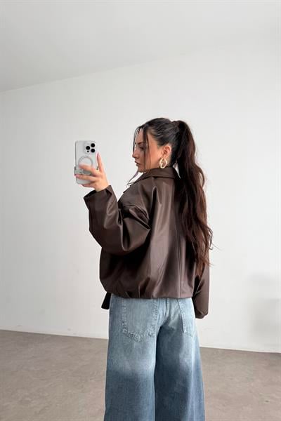 Kemer Detaylı Yakalı  Bomber Kahve Deri Ceket