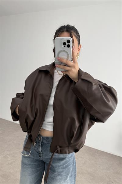 Kemer Detaylı Yakalı  Bomber Kahve Deri Ceket