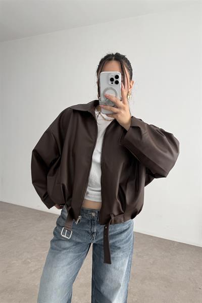 Kemer Detaylı Yakalı  Bomber Kahve Deri Ceket