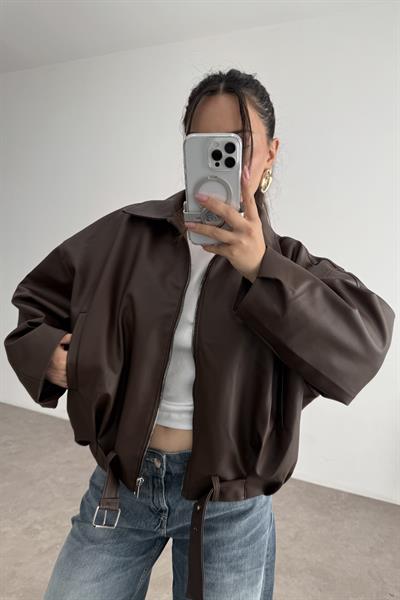 Kemer Detaylı Yakalı  Bomber Kahve Deri Ceket