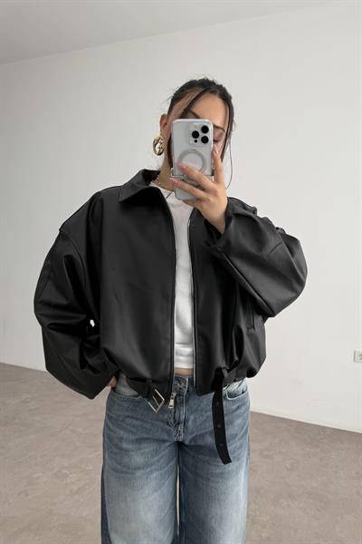 Kemer Detaylı Yakalı  Bomber Deri Siyah Ceket