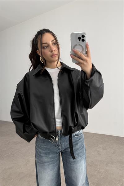 Kemer Detaylı Yakalı  Bomber Deri Siyah Ceket