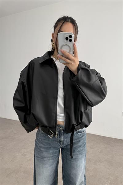 Kemer Detaylı Yakalı  Bomber Deri Siyah Ceket