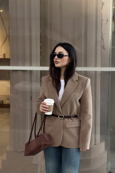 Premium Kemer Detaylı Dokulu Vizon Blazer Ceket