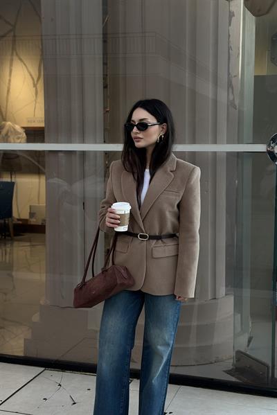 Premium Kemer Detaylı Dokulu Vizon Blazer Ceket