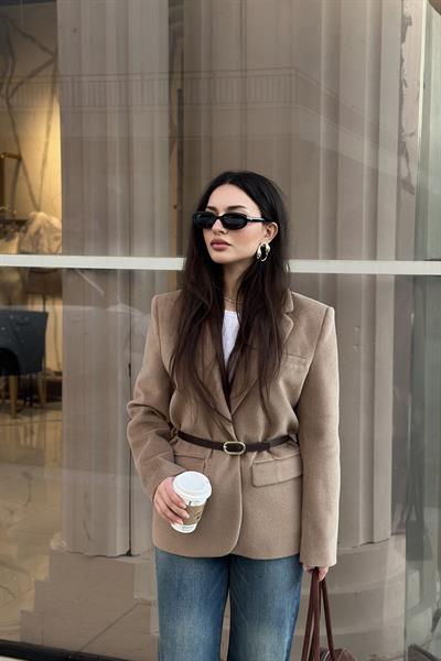 Premium Kemer Detaylı Dokulu Vizon Blazer Ceket