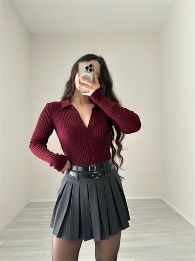 Kemerli Loli Gri Pileli Etek