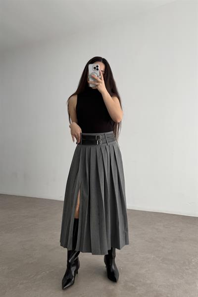 Kemerli Pileli Yırtmaçlı Gri Midi Etek