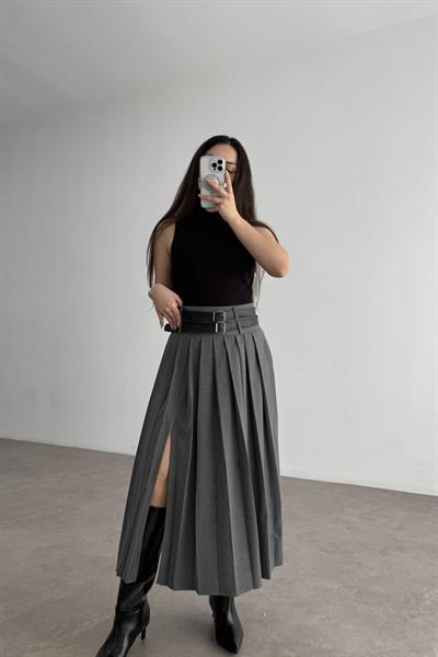 Kemerli Pileli Yırtmaçlı Gri Midi Etek