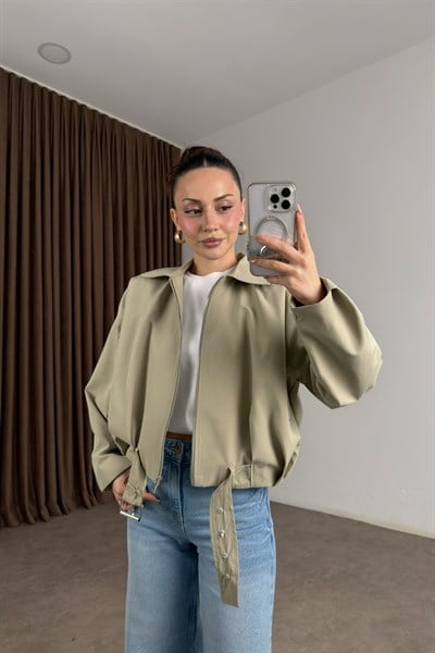 Kemerli Yakalı Bomber Çağla Ceket