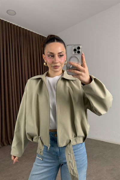 Kemerli Yakalı Bomber Çağla Ceket