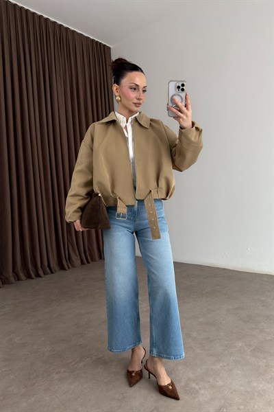 Kemerli Yakalı Bomber Camel Ceket